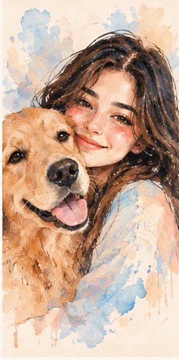 Watercolour portrait rendered from the same photograph